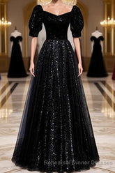 Modest Sparkly Black Long A-line Semi Formal Prom Dresses With Sleeves Evening Gowns
